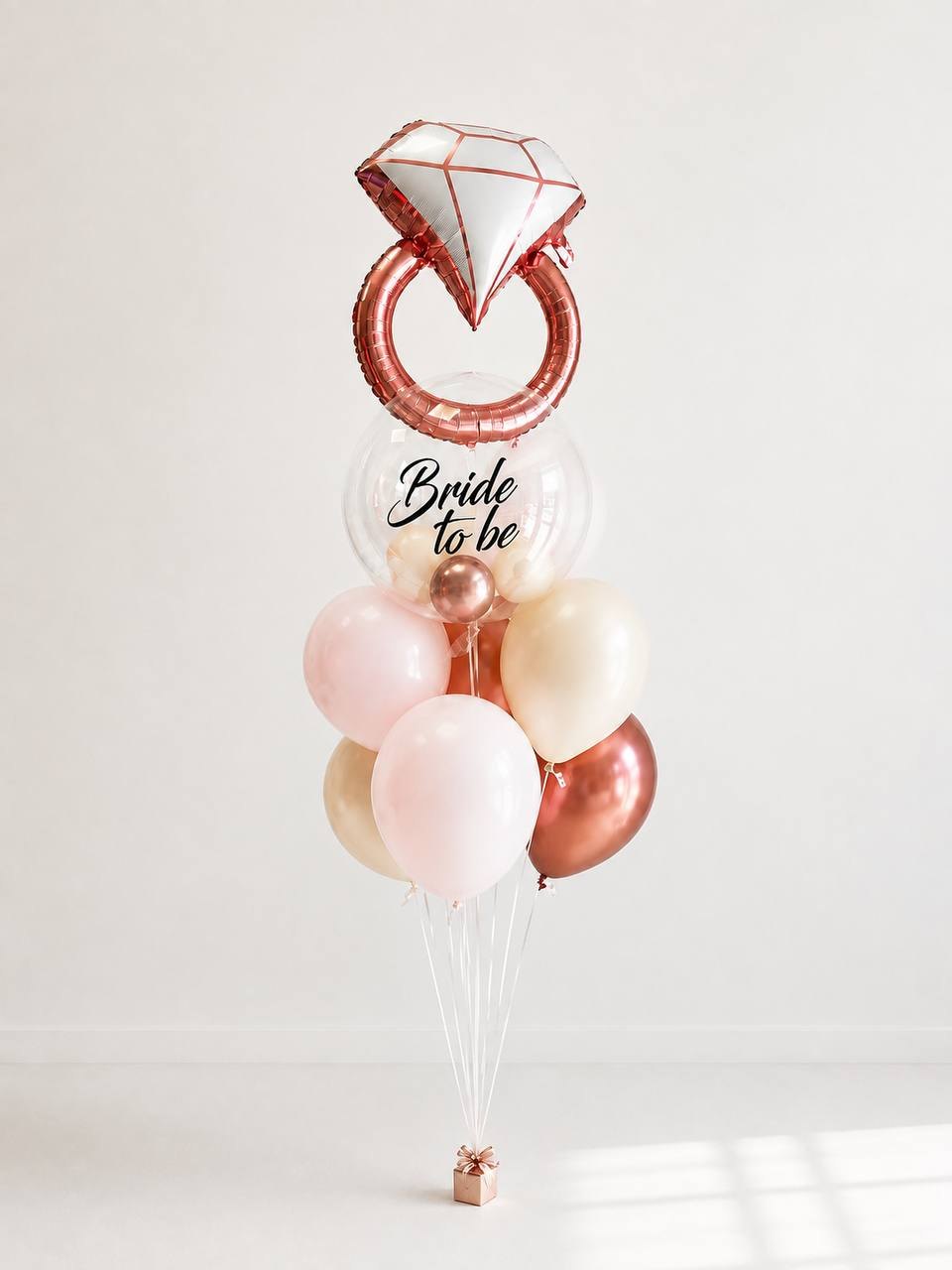 Bride to be balloon bouquet — ring, bubble balloon with lettering and pastel balloons
