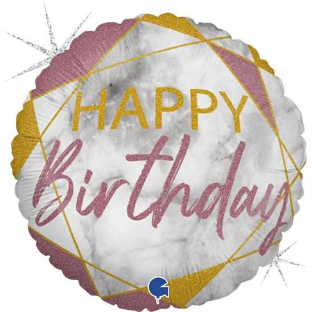 Folija balon krug – Happy Birthday marble rozi