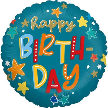 Folija balon krug – Happy Birthday tirkiz sa zvjezdicama