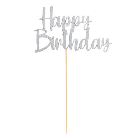 Toper za tortu “Happy Birthday” u srebrnoj boji